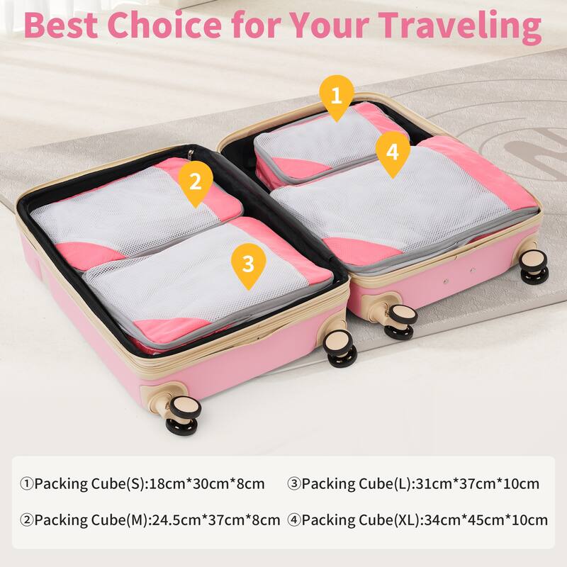 4 Piece ABS Expanable Spinner Wheels Lightweight Luggage Set w/TSA Lock and Compression Packing Cubes