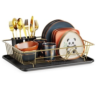 Copper Wire Kitchen Dish Plate Drying Rack with Utensil Holder