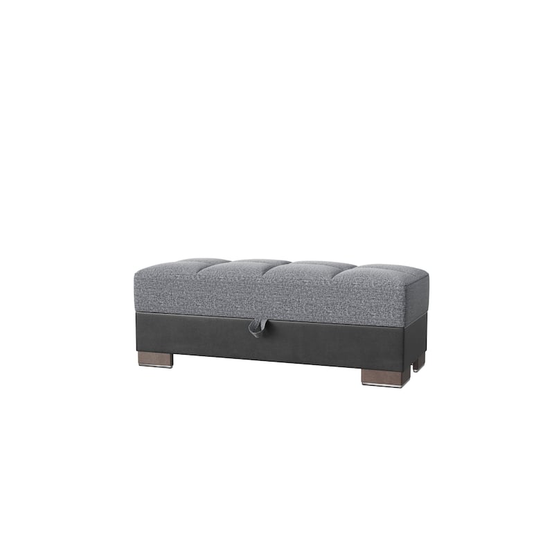 HomeRoots 52" Gray Blue Brown and Gray Chenille And Faux Leather Storage Ottoman