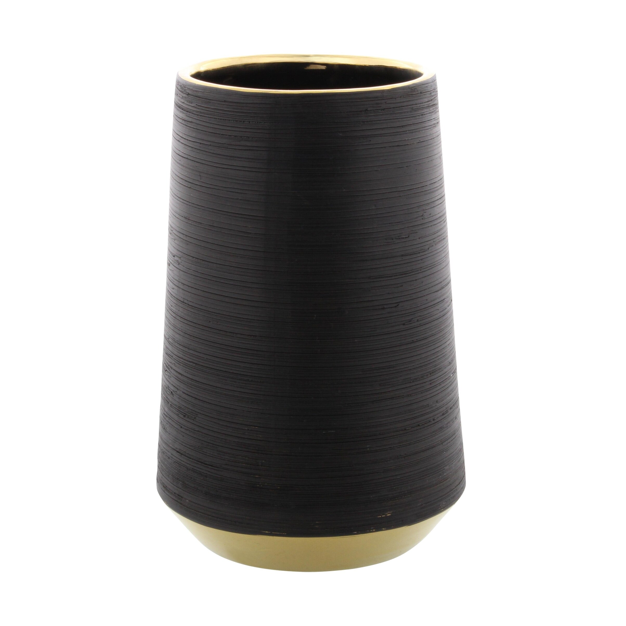 Porcelain Ceramic Ribbed Decorative Vase with Gold accents - Black - CosmoLiving by Cosmopolitan