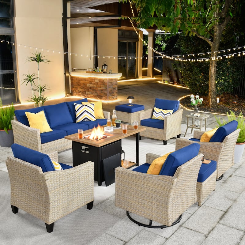 HOOOWOOO 9-piece Wicker Rattan Outdoor Furniture Set Swivel Rocking Chair Set - Navy Blue