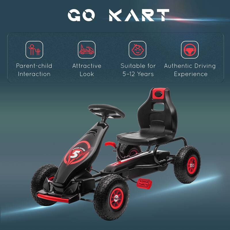 Pedal Power Car, Ride On Go Kart for Kids 5-12 Years, Rubber Wheels, Handbrake, Freewheel, Adjustable Seat, for Boys and Girls