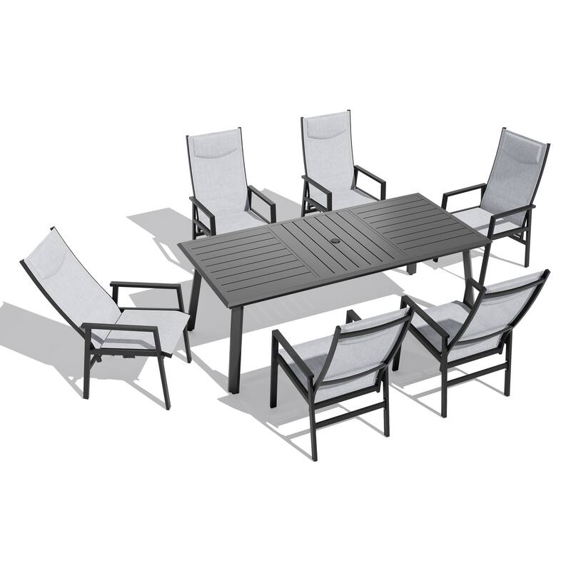 7-PC Outdoor Patio Aluminum Dining Sets Rectangular Table with Adjustable Dining Chairs - Table-Black&Chairs-LightGrey