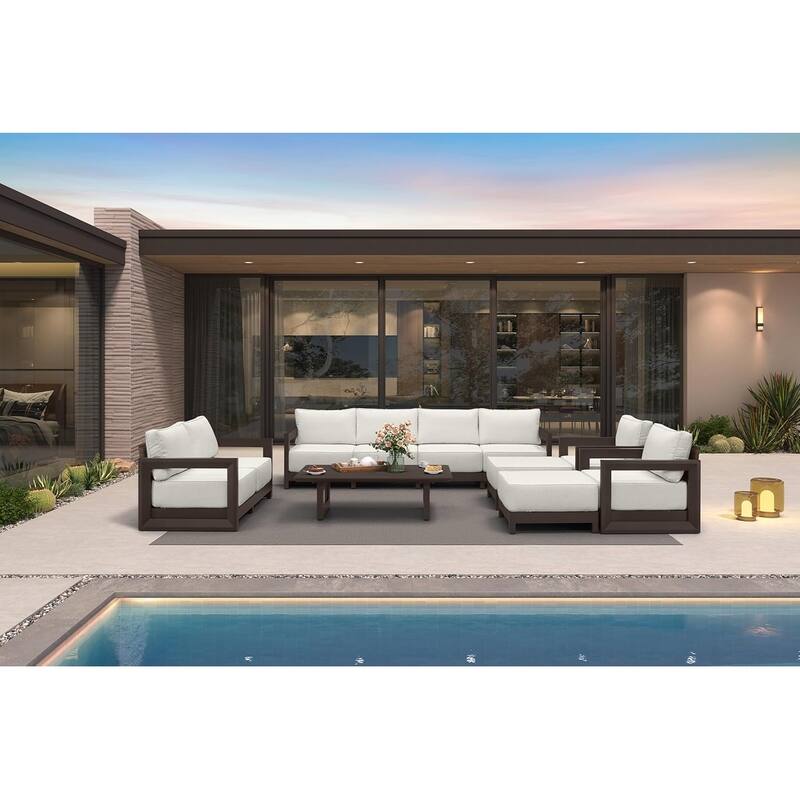 PURPLE LEAF Caesar Open-End White Outdoor Couch with 9.6" Thick for Yard Porch Deck Patio Conversation Sets - 8 Seats+2 Ottomans+1 Table - Open-End