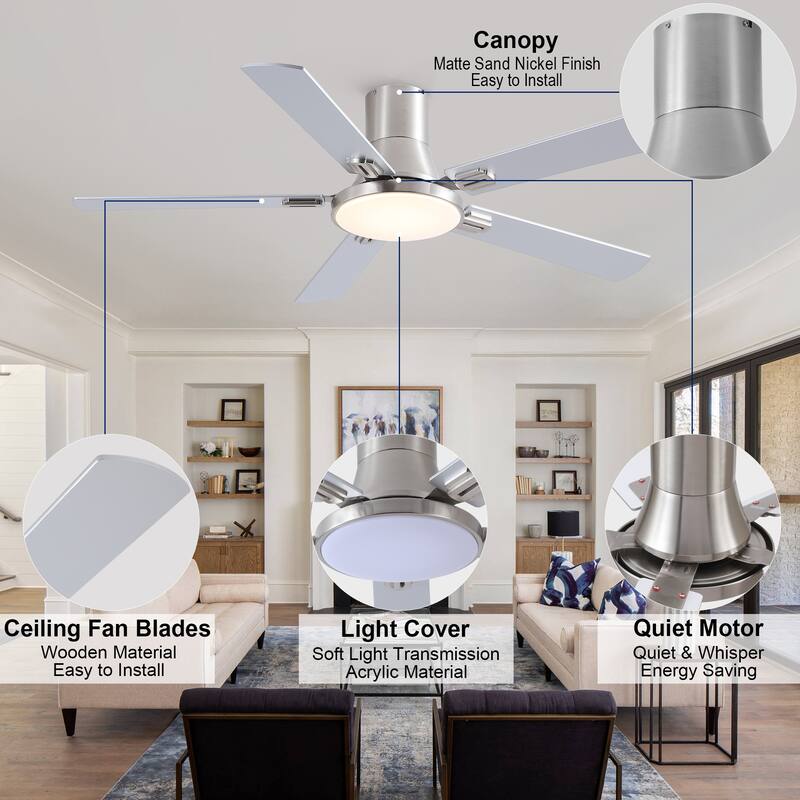 YUHAO AeroLite 48 in. Indoor White Low Profile Standard Ceiling Fan with Bright White Integrated LED Light Kit, Remote Included