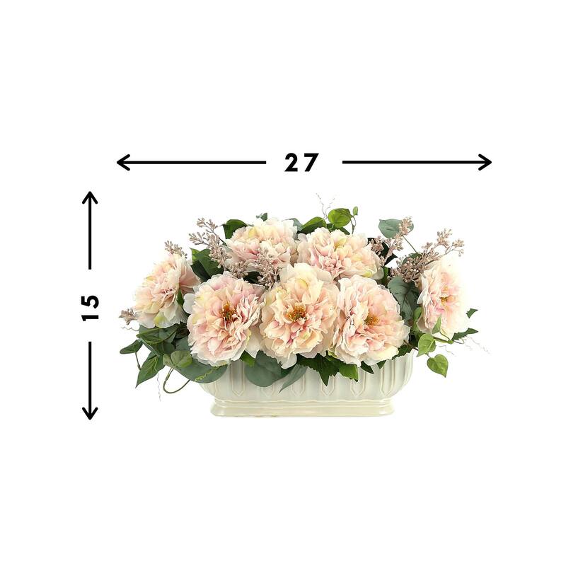 Peony, vine and eucalyptus in cream planter - Pink, Green, Cream