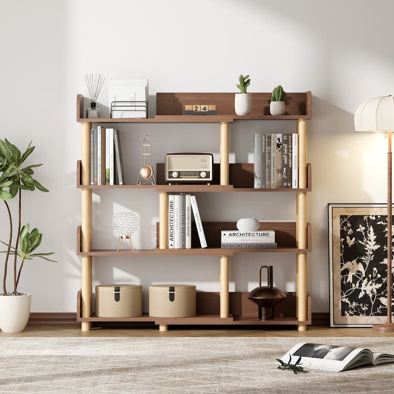 Roomfitters Rotatable Corner Bookcase, 4-Tier Retractable Wooden Storage Rack, Flexible Utility Organizer, Walnut