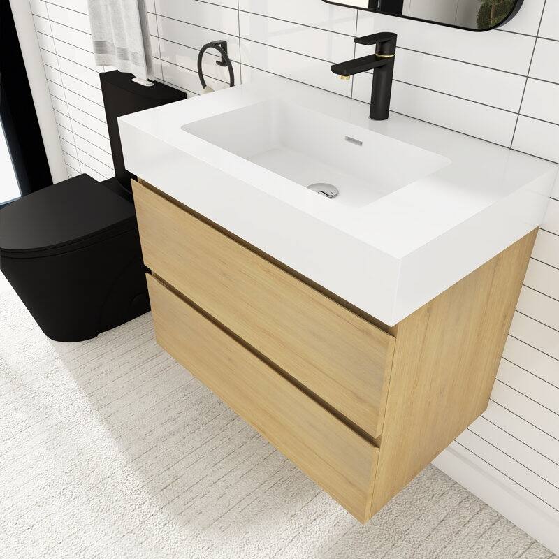 24/30/36 inch Wall-Mounted Bathroom Vanity Set in Oak with Integrated Resin Sink