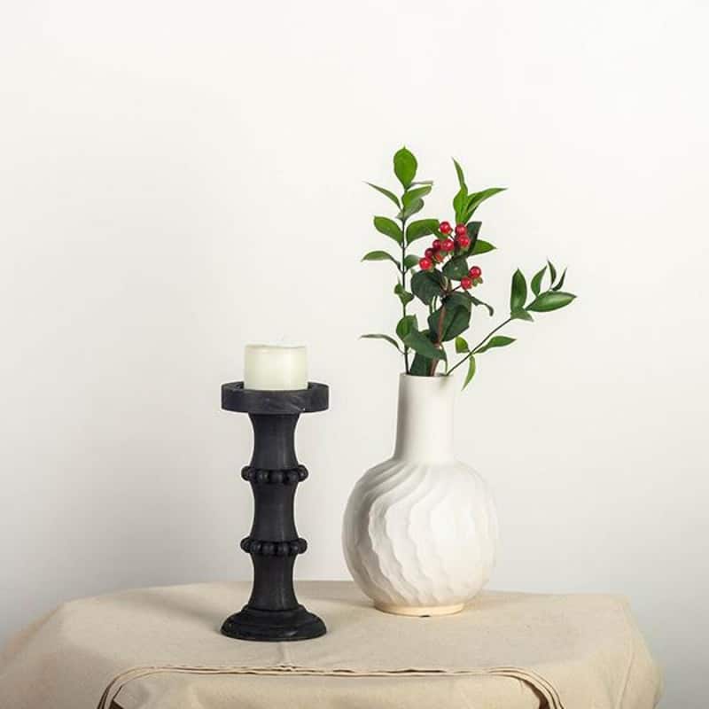 Black Wood With Beads Column Candle Holder