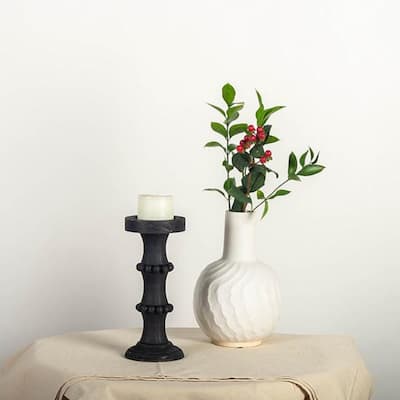 Black Wood With Beads Column Candle Holder