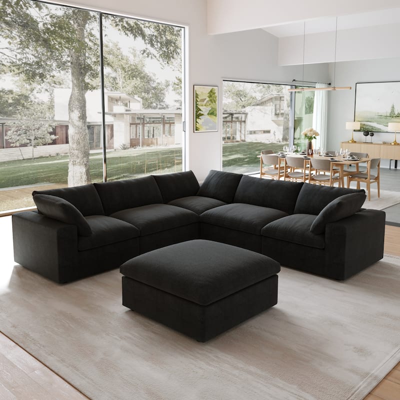 Modern V Shape Couches for Living Room, 6-Seats Modular Convertible Sectional Sofa Couch with Removable Cushion Covers - Black