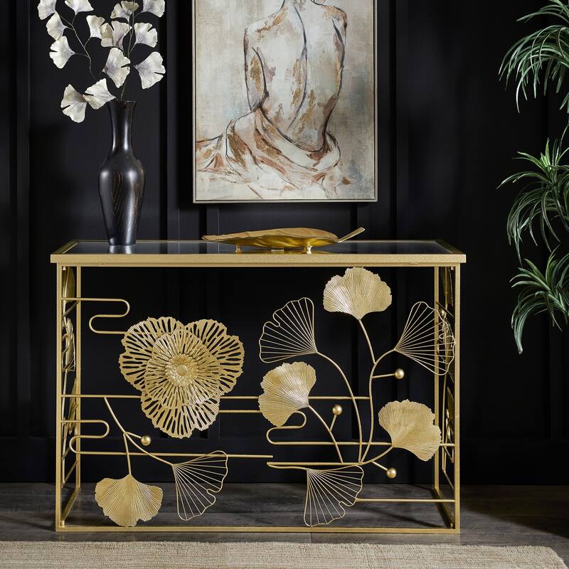 Pomonok Gold Finish Peony and Ginkgo Console Table with Mirror Top by iNSPIRE Q Bold