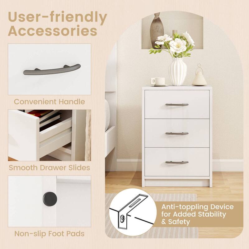 Costway 1/2 PCS 3-Drawer Nightstand Modern Bedside Table with Storage