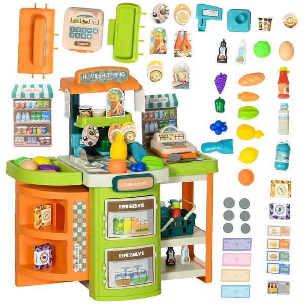 slide 2 of 5, 58Pcs Grocery Store Pretend Play Kids Trolley with Cash Register Stand, Foldable Play Store for Ages 3-6 Years Old Kitchens