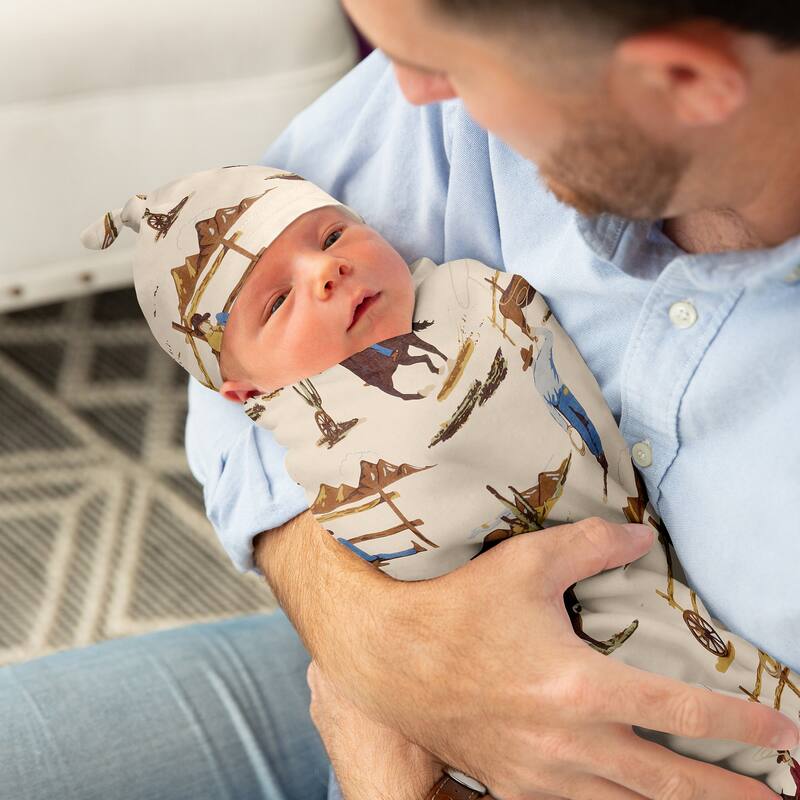 Wild West Cowboy Collection Boy Baby Cocoon and Beanie Hat Sleep Sack - 2pc Set - Red, Blue, Tan Western Southern Country Horse