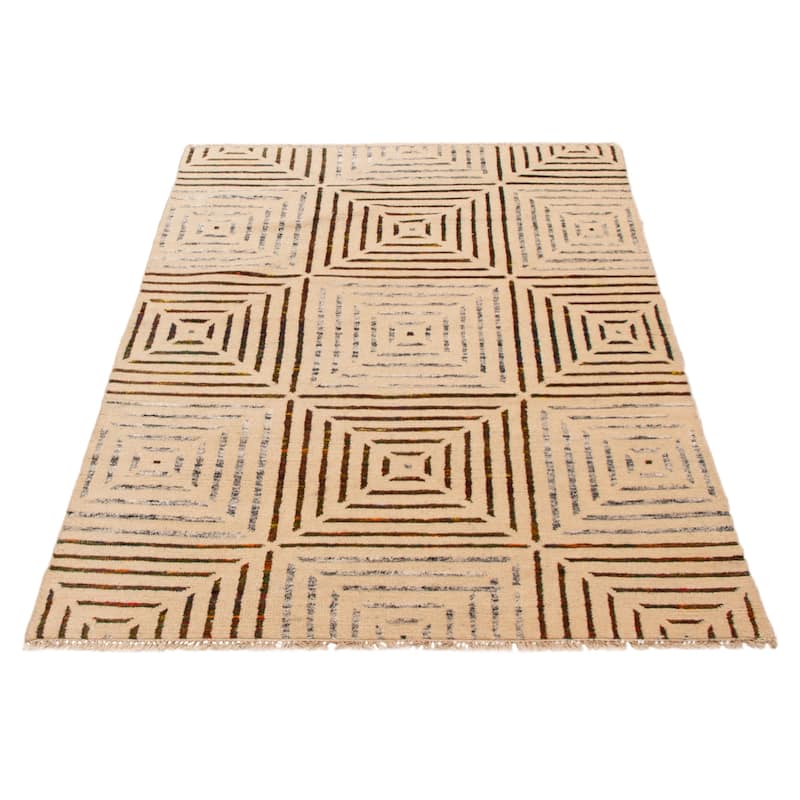 ECARPETGALLERY Hand-knotted Silk Shadow Cream Viscose, Wool Rug - 4' 9" x 7' 3"