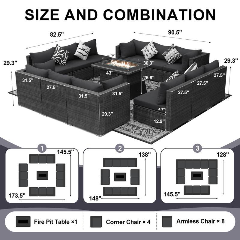 FINCATI Outdoor Grey Wicker Sectional Furniture Patio Sofa Set with Firepit Table