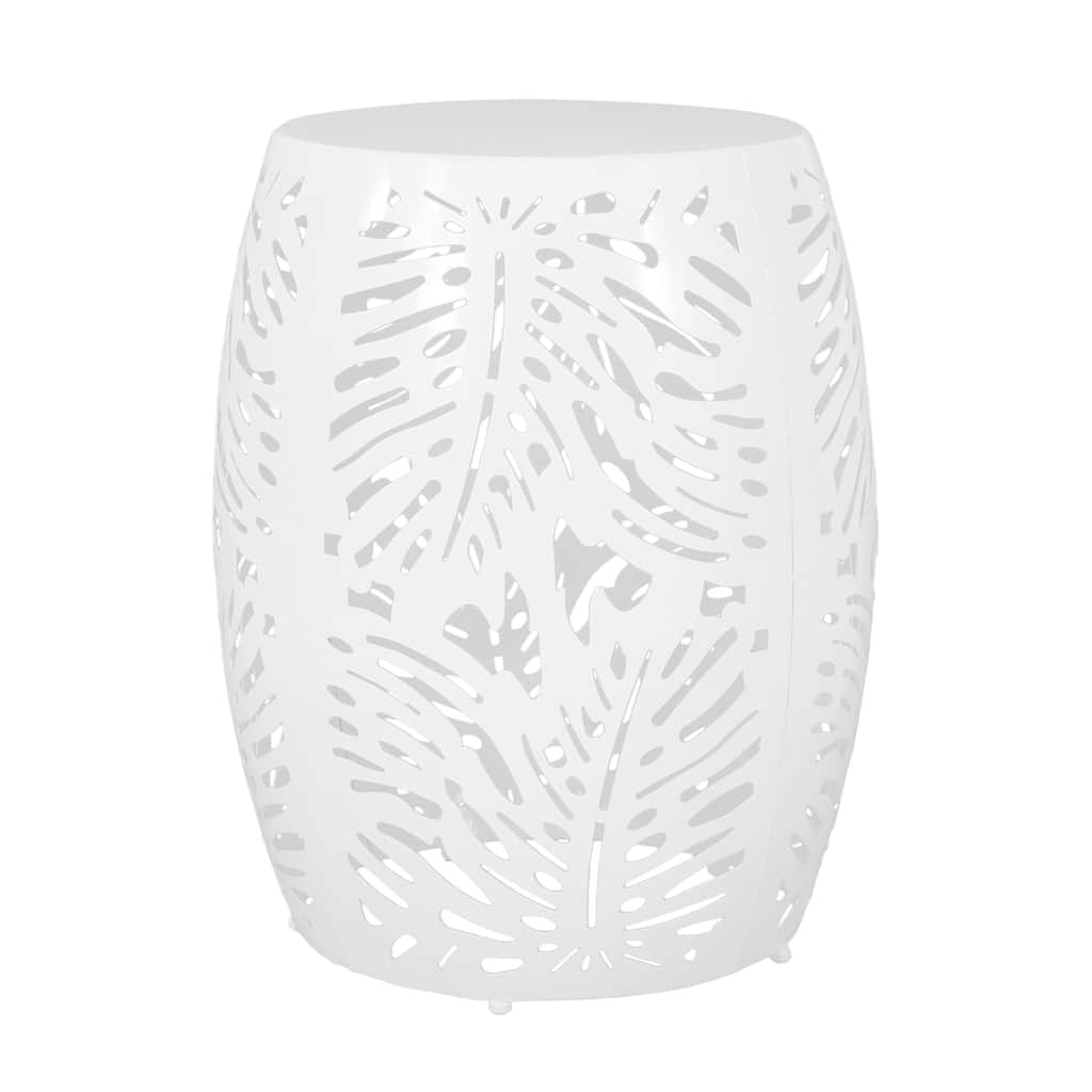 Miami Outdoor End Table Stool, Palm Leaf Pattern, White Iron, 17 Inch