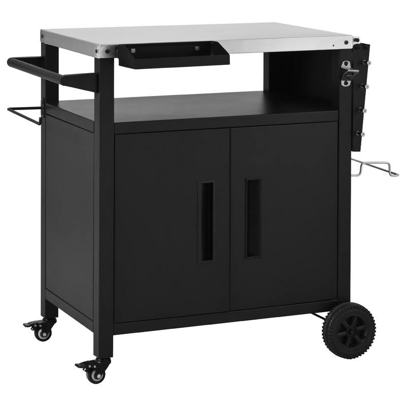 Grill Cart with Storage Cabinet,Metal Kitchen Island with Foldable Table,with Wheels & Stainless Steel Top & Hooks & Spice Rack