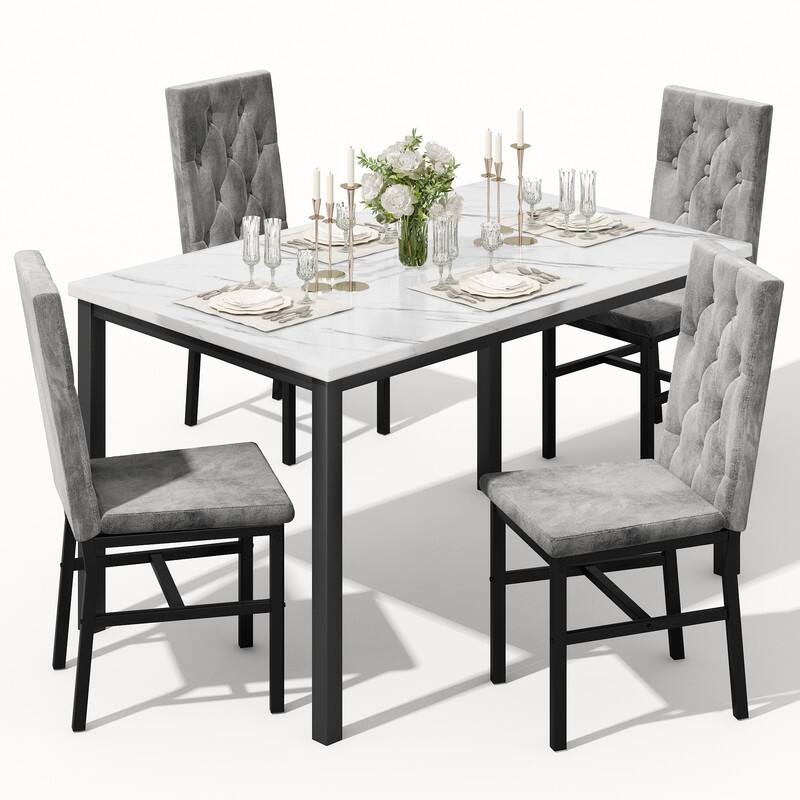 Grondin 5-Piece Dininng Room Table Set with 4 Upholstered Dining Chairs, Faux Marble Top And Metal Frame Dining Table Set Of 5