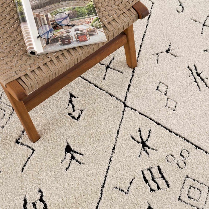 Hauteloom Shag Farmhouse Tasseled Cream & Black Area Rug