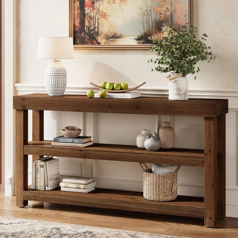 3 Tier Solid Wood Entry Console Table, 63-Inch Narrow Sofa Table Behind The Couch with Storage Shelves