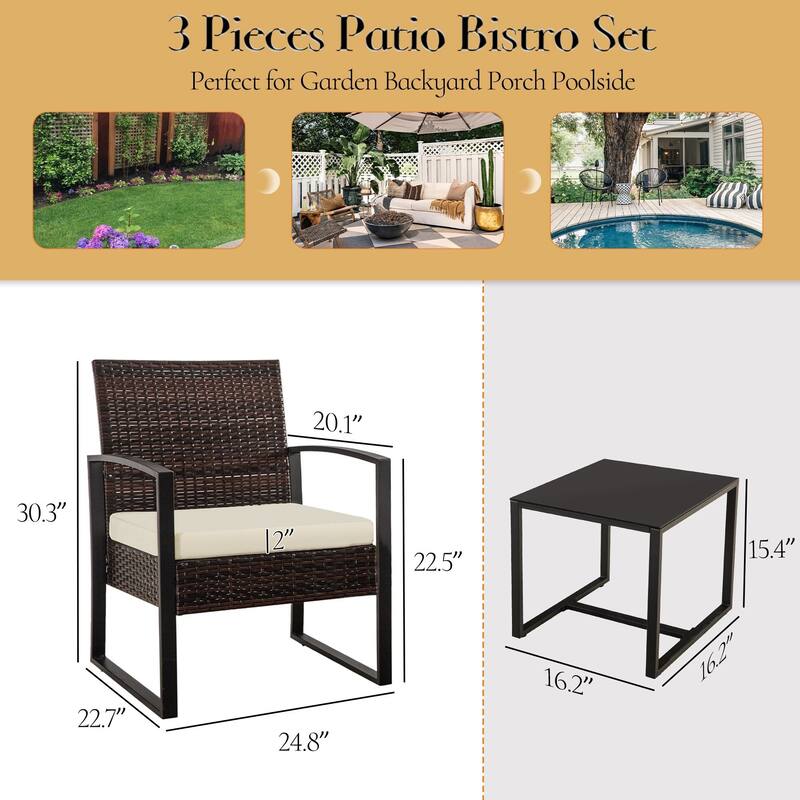 3-PC Outdoor Wicker Conversation Set w/ 2 Cushions, Glass Coffee Table