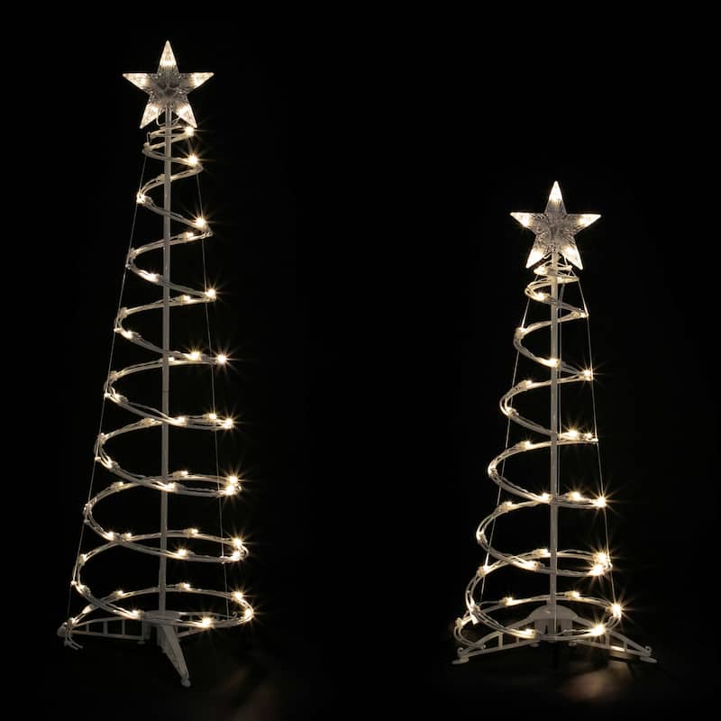Set of 2 LED Lighted Warm White Outdoor Spiral Christmas Cone Trees 3' 4'