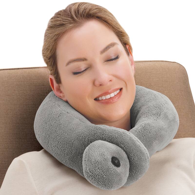 Soft Plush Soothing Vibration Massager Neck Pillow - 12.500 x 8.000 x 4.500 - Grey - 12.500 x 8.000 x 4.500