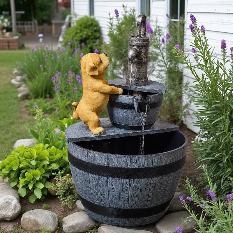 Farmhouse Tiered Outdoor Fountain – Faucet and Puppy Design, Weather Resistant Polyresin