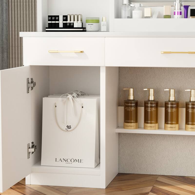 32" Wide Makeup Vanity Desk with Lighted Mirror Power Outlet, Dressing Table with Large Storage Space and Cushioned Stool