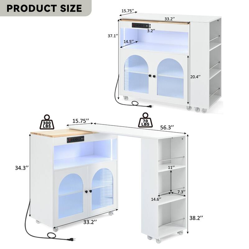 56.3" Rolling Kitchen Island with Extended Table,LED Lights,Power Outlets and Glass Doors