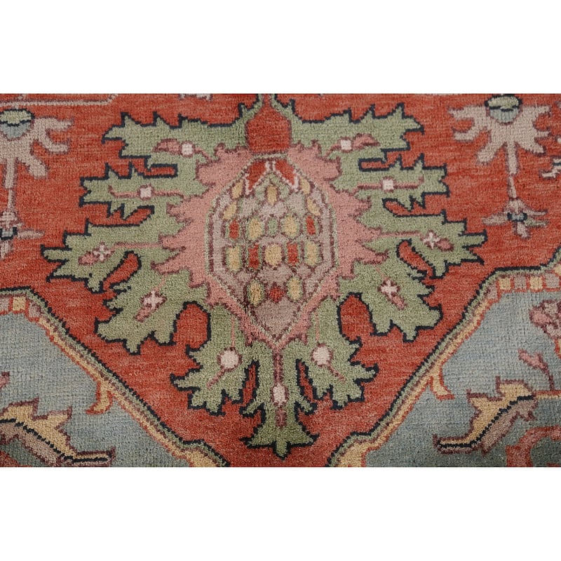 Geometric Heriz Serapi Area Rug Hand-Knotted Orange Wool Carpet - 9'11" x 13'3"