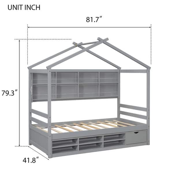 dimension image slide 1 of 3, Twin Pine Wood House-Shaped Bed w/Roof, Side-Shelves,Under Bed Storage