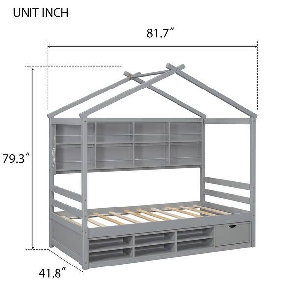 dimension image slide 1 of 3, Wooden House-shaped Twin House Bed with Bedside Built-in Storage Shelves,Under Bed Storage for Home