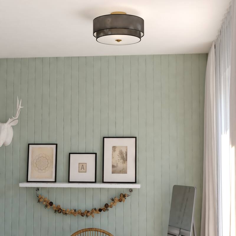 Burnaby Gold Brass Mid-Century Modern Semi Flush Mount Ceiling Light Black Linen Drum Shade