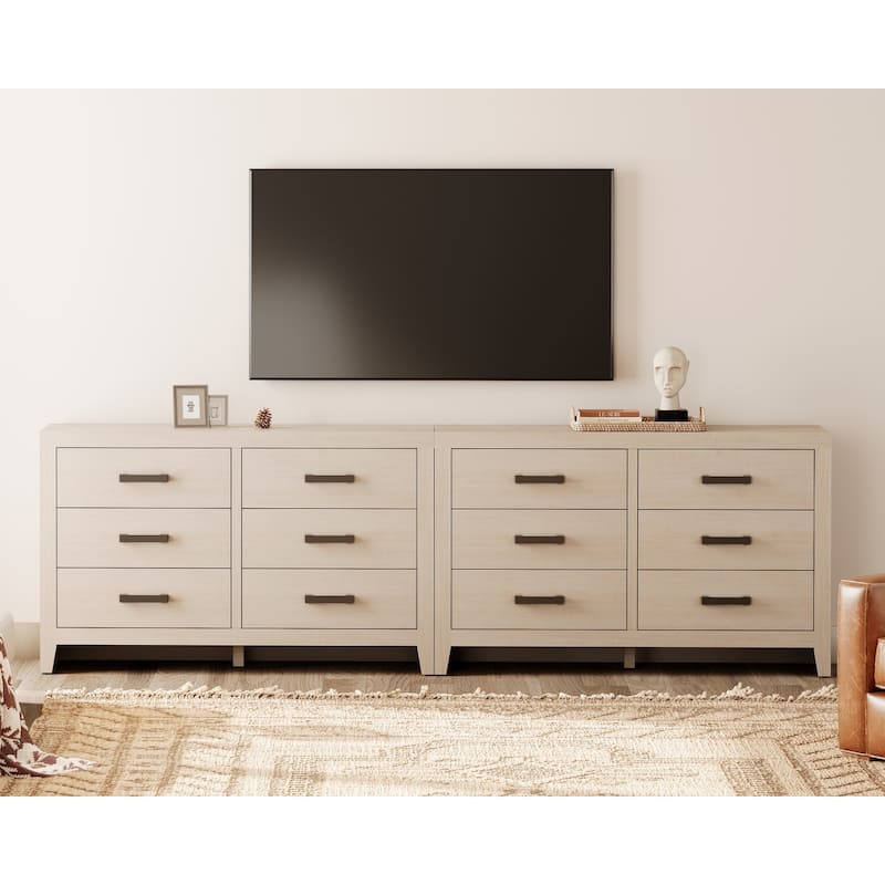 WAMPAT 106'' Rustic TV Stand Dresser - Farmhouse Entertainment Center with 12 Storage Drawers - 106" Wide - Beige