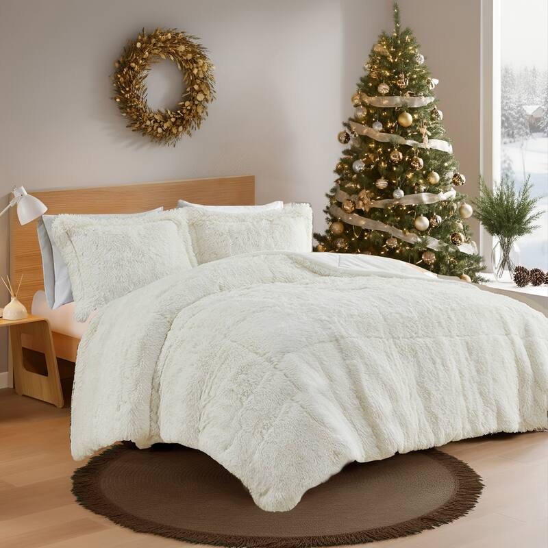 Leena Shaggy Fur Duvet Cover Set by Intelligent Designs - Ivory - Twin