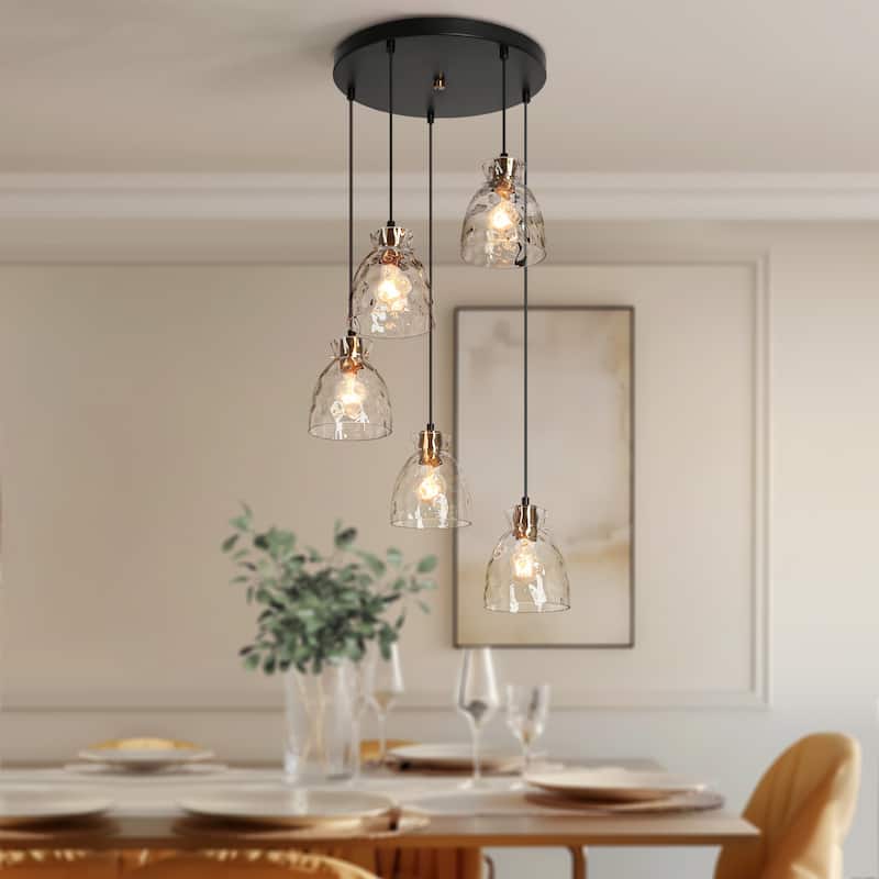 Elisie Modern Glam Cluster Chandelier 5-Light Water Hammered Glass Adjustable Foyer Pendant Light - D 19.7" x H 67.2"