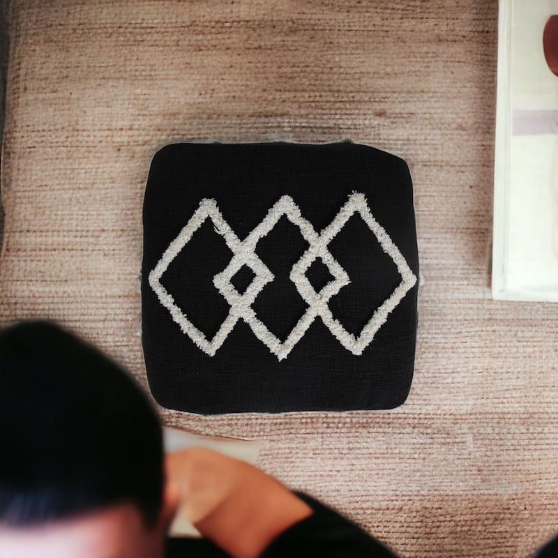 18" Black Cotton Geometric Pouf Ottoman for Living Room or Bedroom Decor