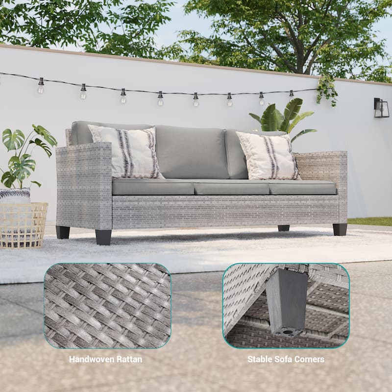 BONOSUKI 3-Piece Patio Sofa Set Grey Rattan Furniture with Ottomans