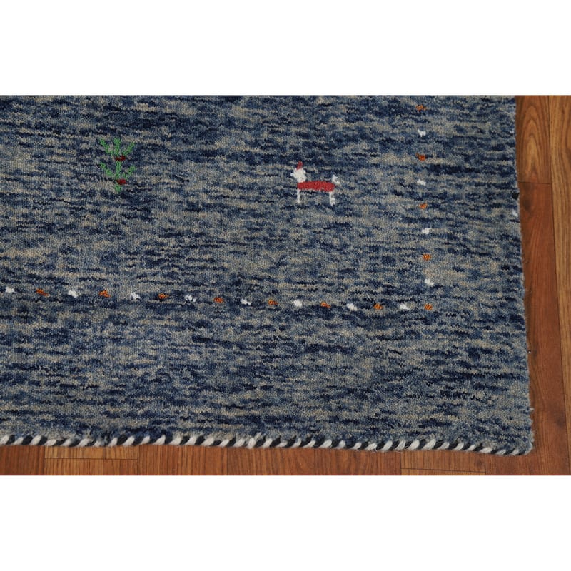 Blue Tribal Gabbeh Rug Hand-Knotted Modern Wool Carpet - 3'11" x 5'10"