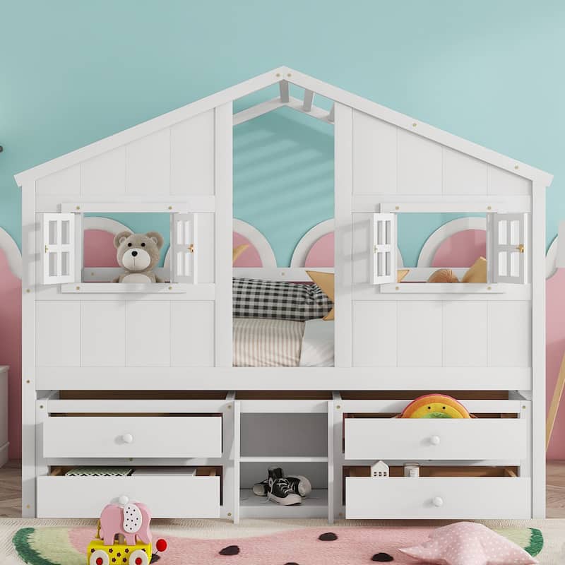Full Size House Loft Bed with Roof, Windows, 4 Drawers, Ladder, White Pine Wooden Bed - White