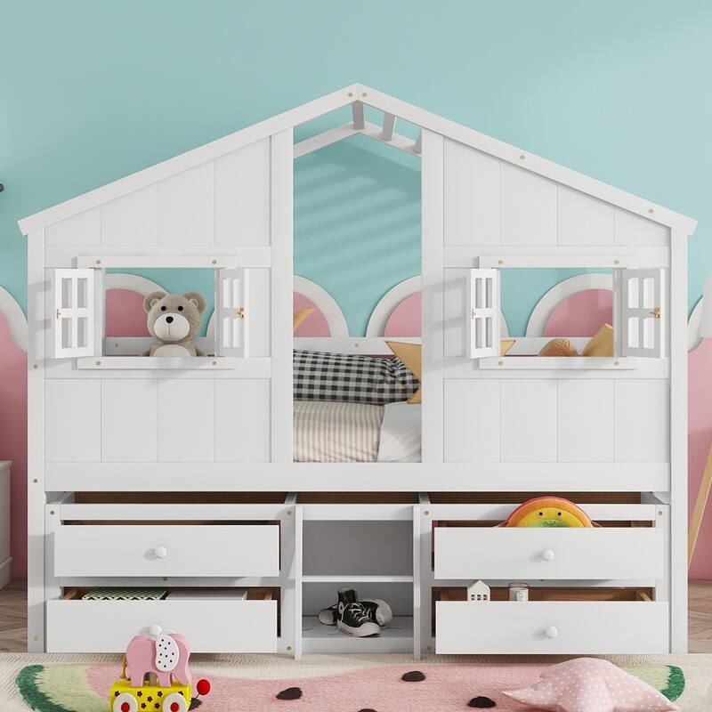 Full Size House Loft Bed with Roof, Windows,4 Storage Drawers,Pine Wooden Bed with Safety Guardrails,Ladder,White - White