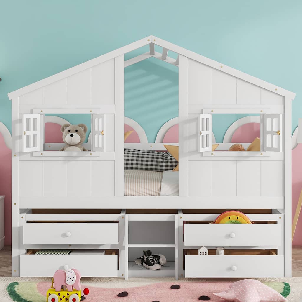 Full Size House Loft Bed with Roof