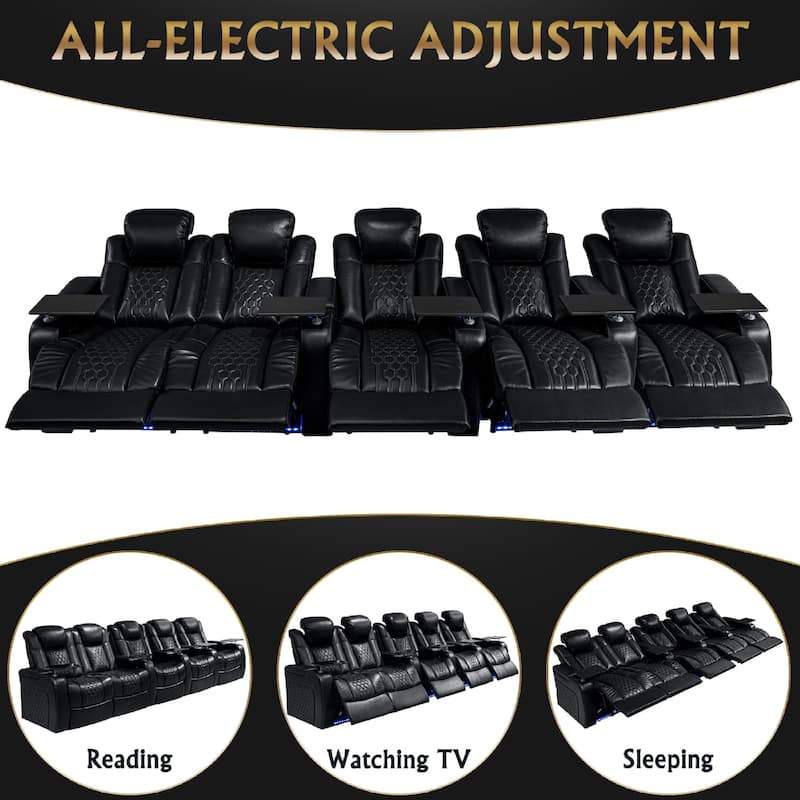 Roomfitters 155.5" Power Recliner 5-Piece Set, Top-Grain Nappa Leather, 27-Color RGB LED & USB-C Charging, Black