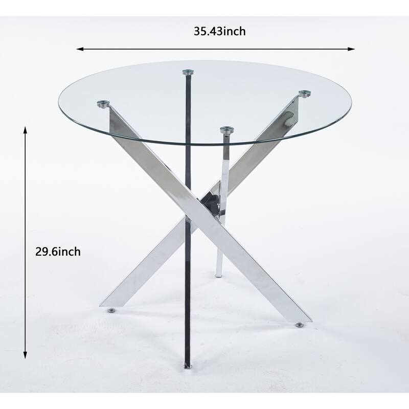 Round Glass Dining Table for 4-Person, Kitchen Table with Tempered Glass Top & Cross Metal Legs, Leisure Table for Small Places