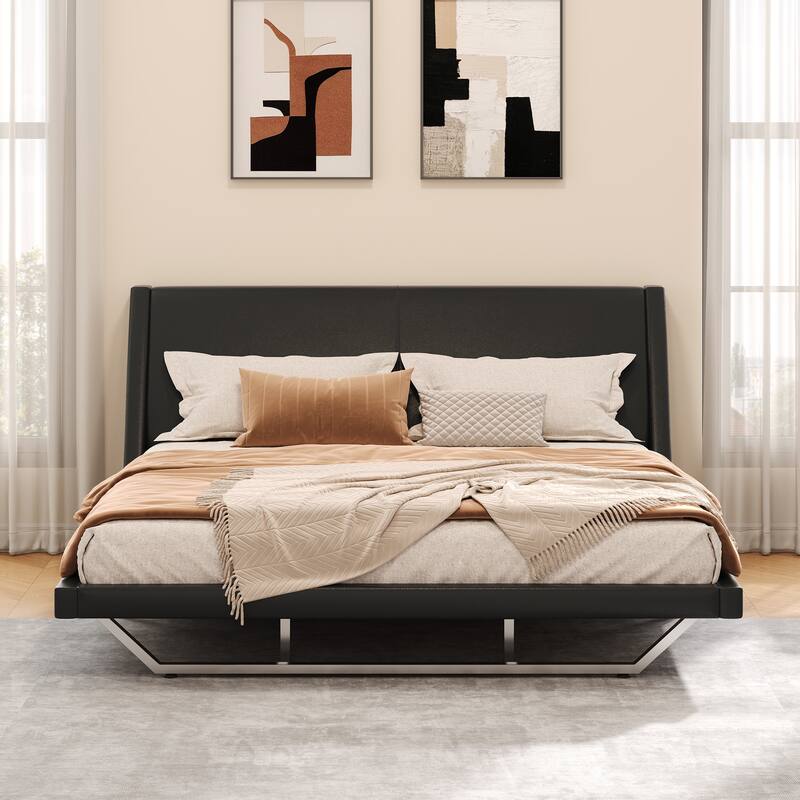 Wave-Like Curve Design Platform Bed Pu Leathe Upholstered Bed Frame Wooden Slat Support
