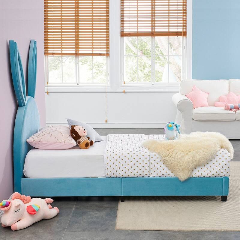 VECELO Wooden Cute Rabbit Twin Bed Frame with Upholstered Headboard, Kids Bed Frame Set of 2