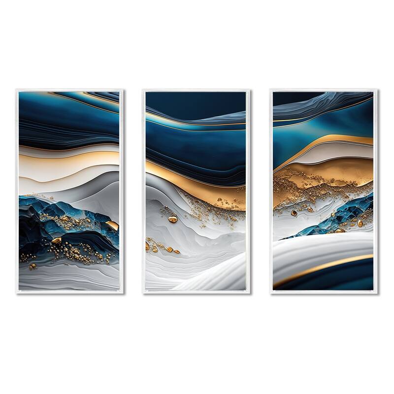 Designart "Abstract Geode Waves Blue II" Modern Waves Framed Canvas Art Print - 3 Panels